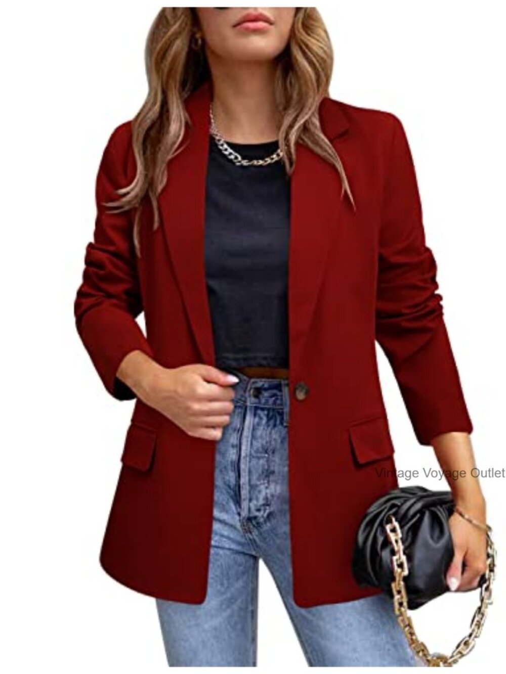 Womens Casual Blazer Open Front Long Sleeve Office Work Jacket with Flap Pockets